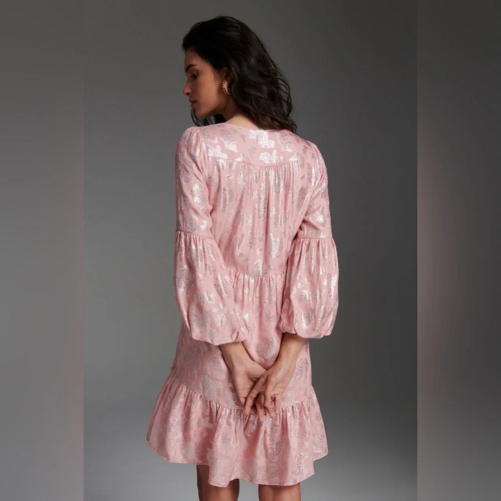 Anthropologie Jolene Jacquard Mini Dress Pink Shimmer Sparkle Puff Sleeve XS NWT - Picture 4 of 9
